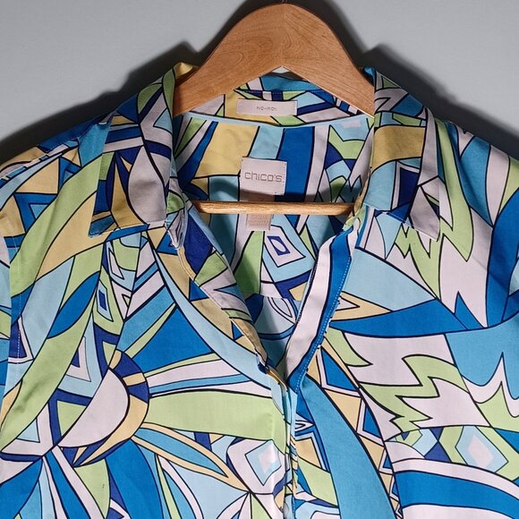 Chico's Button Up Top Womens 3 Artsy Colorful Geometric Resort Abstract Beachy - Picture 2 of 9